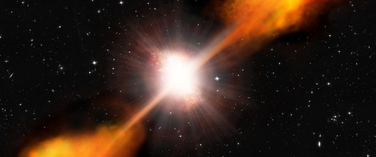 Illustratie van een quasar - een sterrenstelsel met een extreem heldere kern en een dubbele radiobron aan weerszijden. (ESA/C. Carreau)